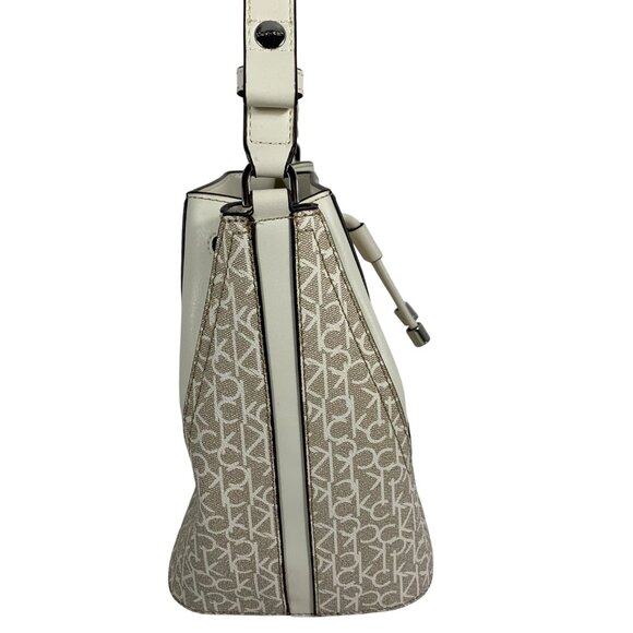 CALVIN KLEIN Taupe/Bone White CK Signature Logo Drawstring Bucket Shoulder Bag - Picture 4 of 14
